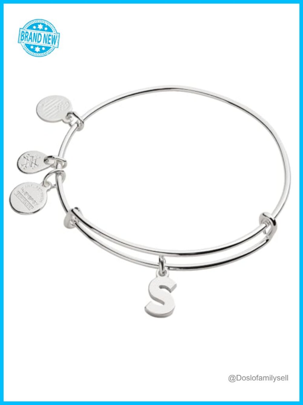 Expandable Bangle Bracelet with Initial Letter Charm, Shiny Finish, Brass